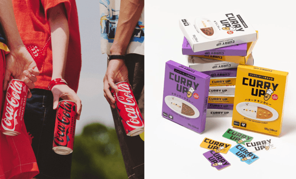 A two-photo composite: people holding cans of Coca-Cola on the left, and stacked packages of CURRY UP retort curry (including butter chicken) with stickers on the right.