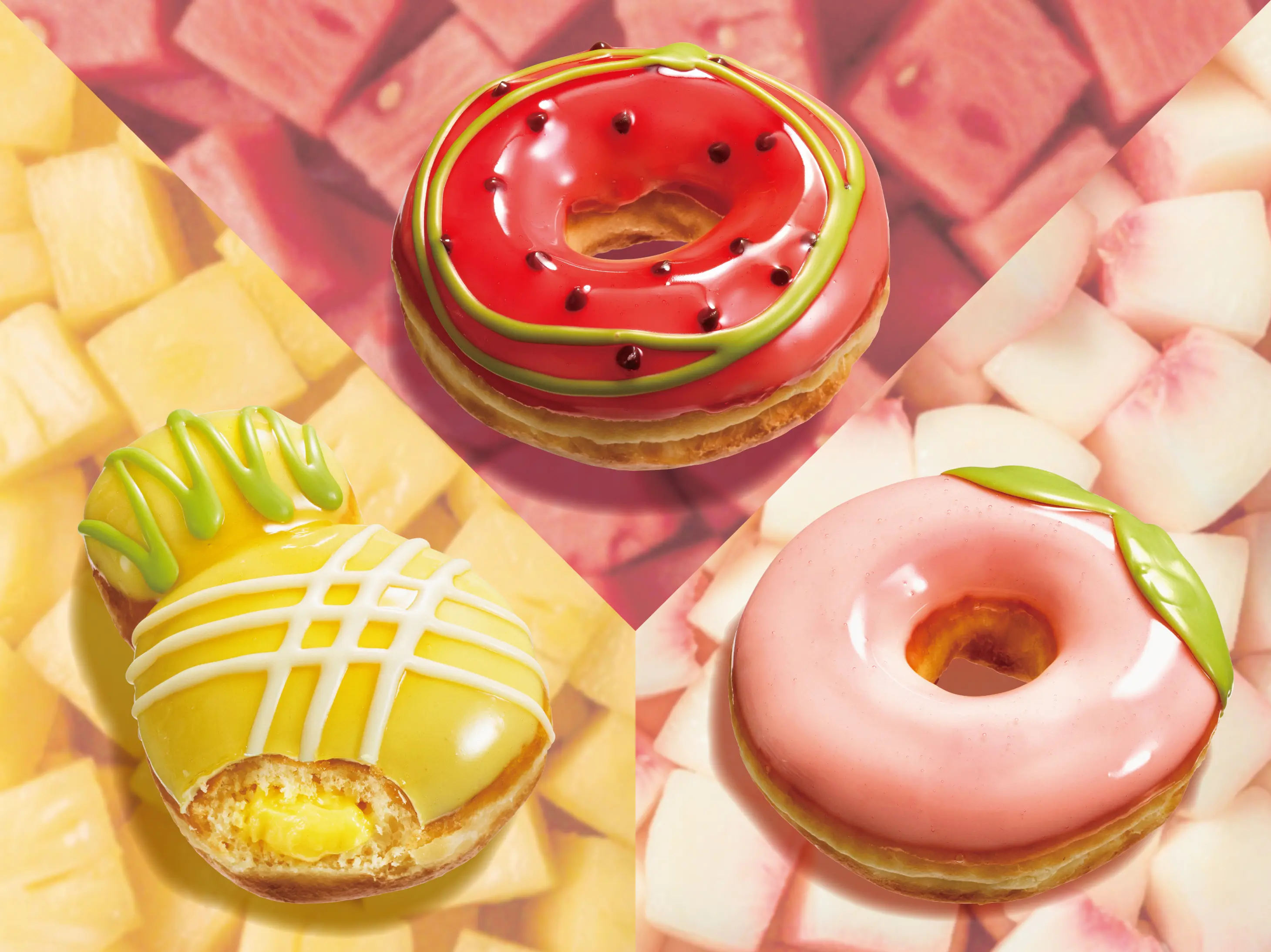 Krispy Kreme Japan's three summer donuts — a red watermelon donut dotted with chocolate-chip "seeds," a pink peach donut with a green leaf, and a yellow pineapple donut cut open to reveal its cream filling — set against backgrounds of cut watermelon, peach, and pineapple.