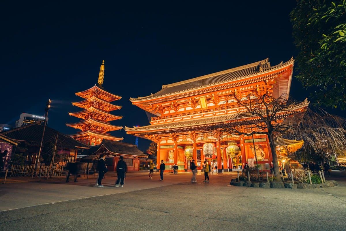夜にライトアップされた宝蔵門と五重塔