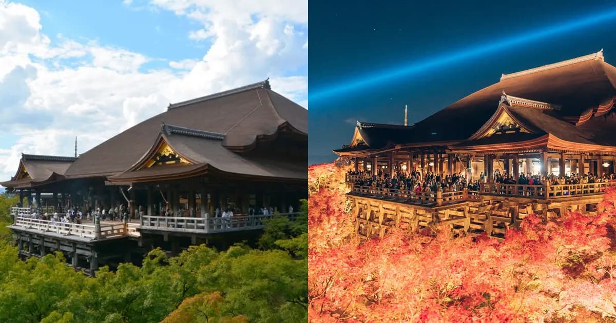 The wooden stage of Kiyomizu-dera above a valley of red and gold autumn maples in Kyoto's Higashiyama district