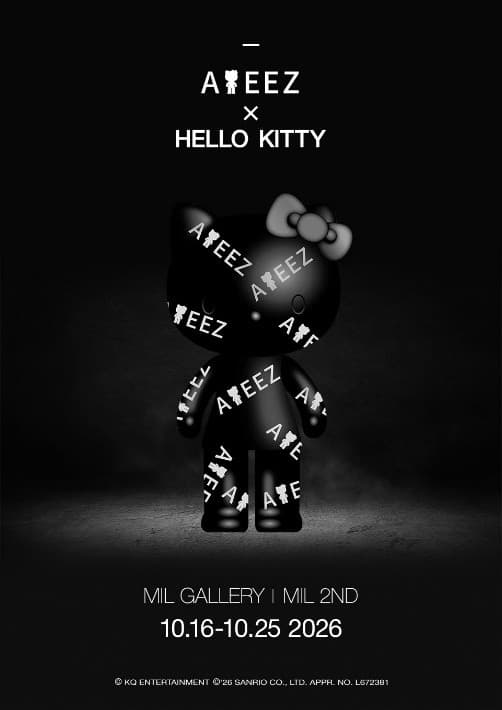 ATEEZ x Hello Kitty "BLACK SERIES" pop-up store key visual at MIL GALLERY in Omotesando, Tokyo