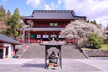 桜の咲く朱塗りの寺の堂と石段