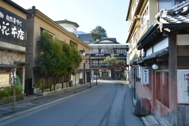 旅館や店が並ぶ箱根湯本の温泉街の通り